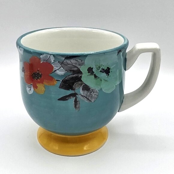 Pioneer Woman Flea Market Floral Turquoise Yellow Footed Stoneware Coffee Mug - Picture 3 of 9